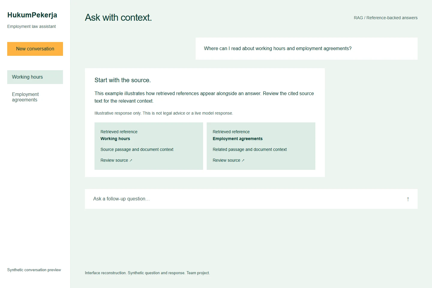 Reconstructed HukumPekerja assistant showing a synthetic question and illustrative reference layout