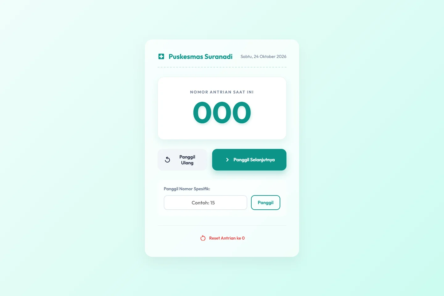 Puskesmas queue controls and the current queue number