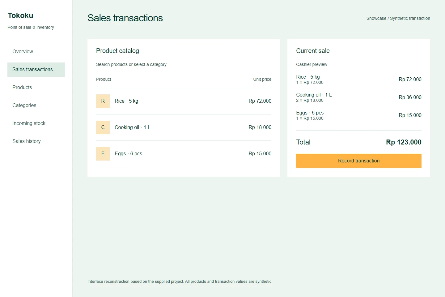 Reconstructed Tokoku point of sale screen with synthetic products and a sample transaction