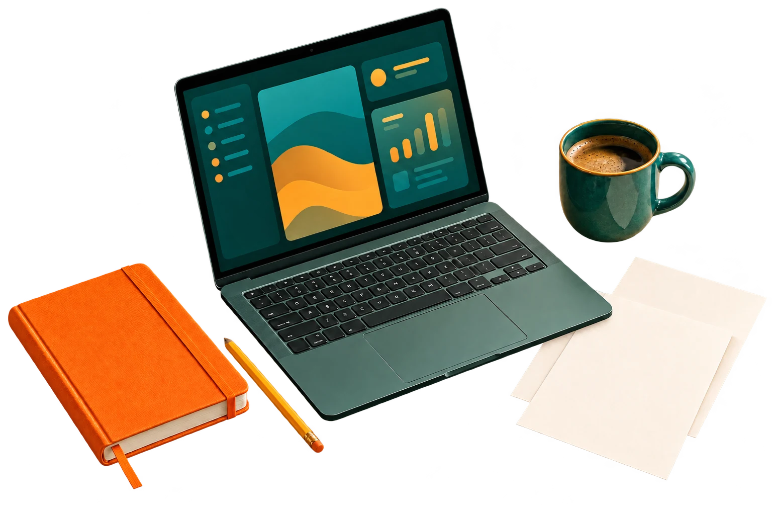 Color workstation illustration with a laptop, orange notebook, teal cup and blank reporting sheets on transparent background